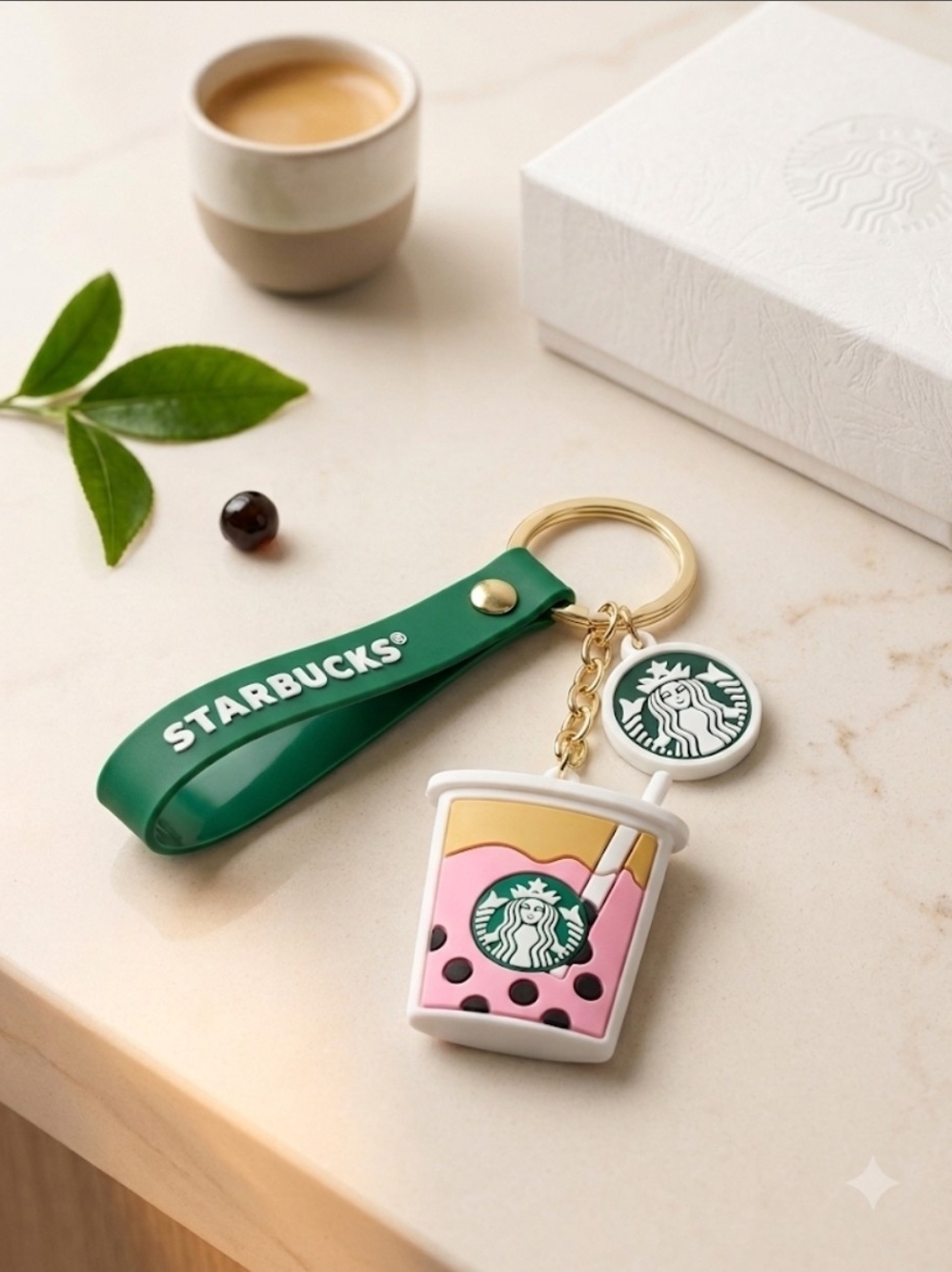 Starbucks Green Strap with Pink Boba Cup & Gold Logo Keychain